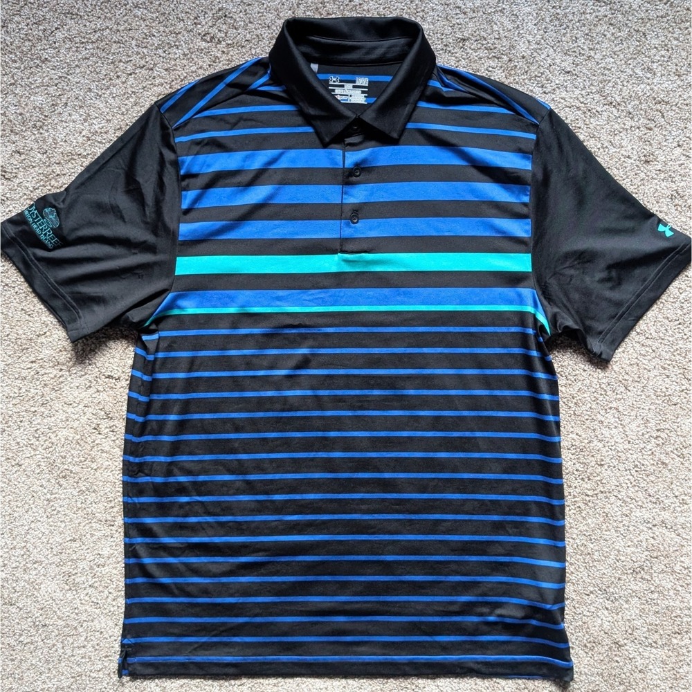 NWOT UA Mens L Oyster Reef Hilton Head Striped Golf Polo Heat Gear Loose Fit